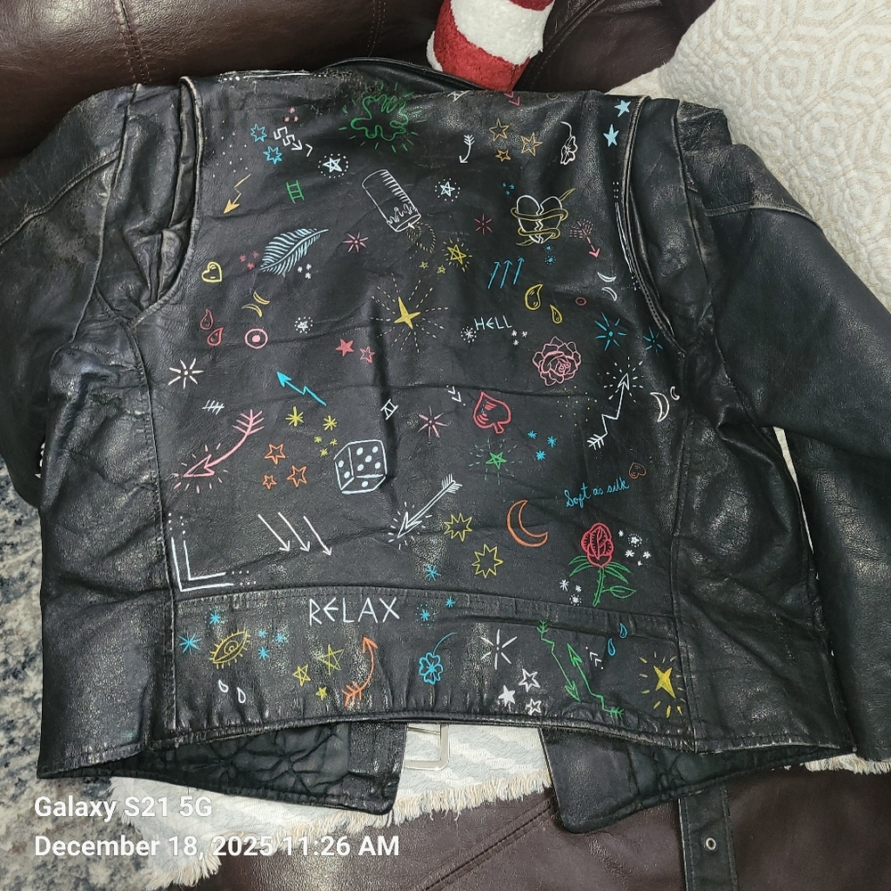 Urban Outfitters Black Leather Jacket with Colorful Artistic Accents - Picture 7 of 11